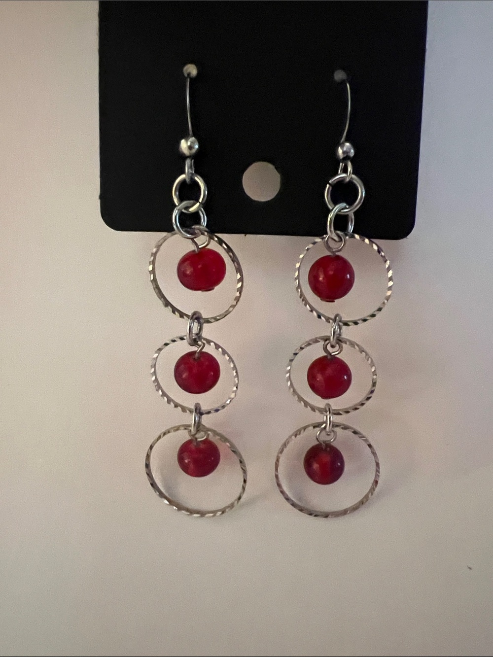 Silver Hoop & Red Bead Dangle Earrings - Womens Jewelry
